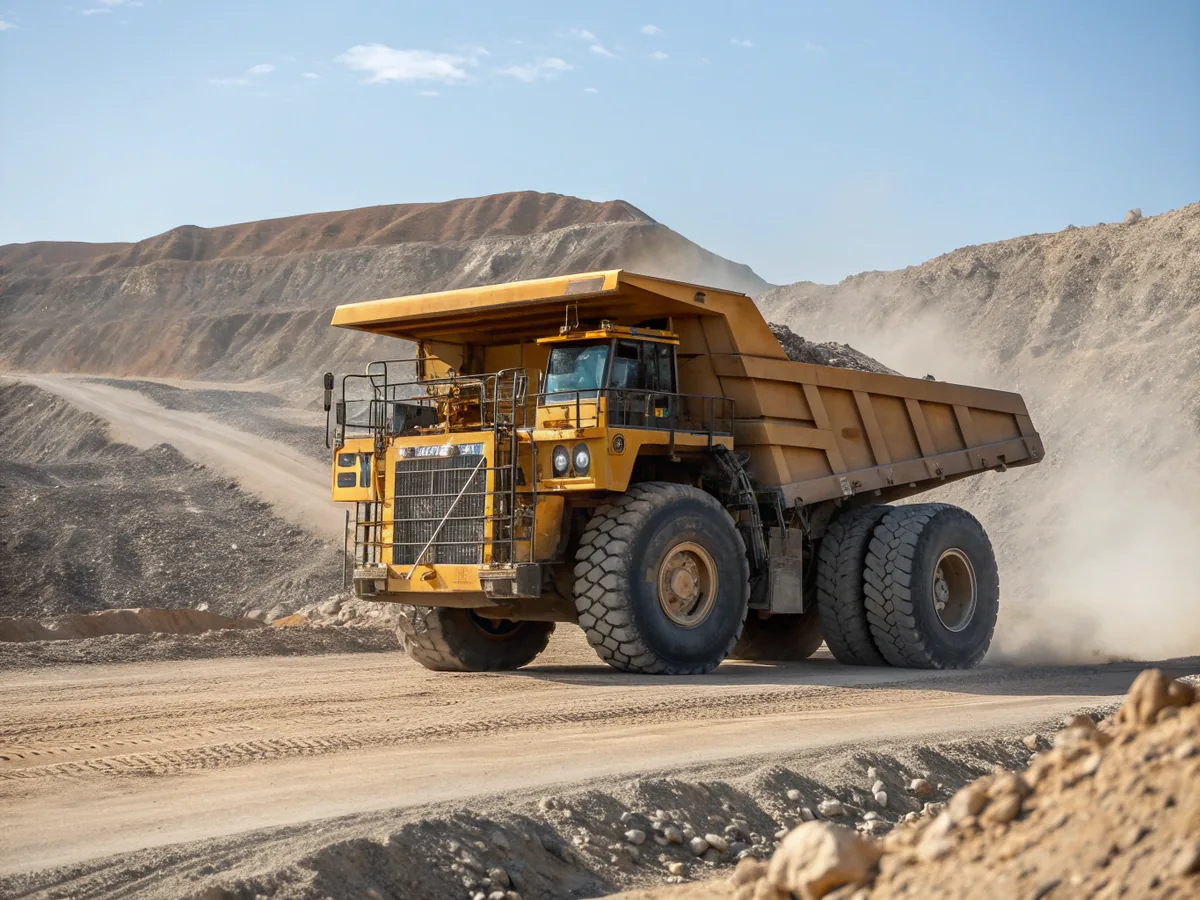 A yellow mining haul truck on a haul road